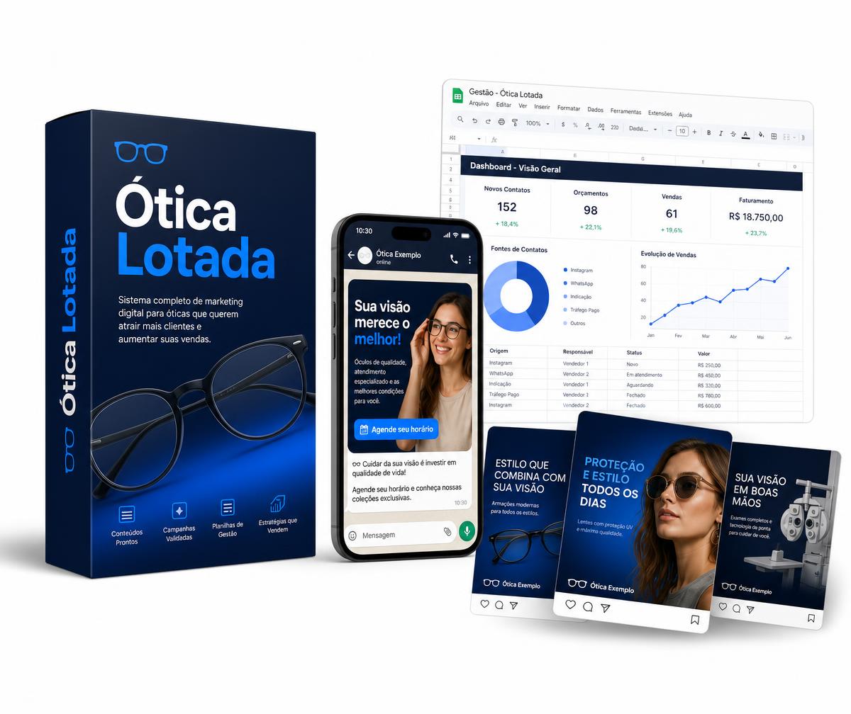 Mockup do produto Ótica Lotada com caixa digital, celular com mensagens, planilha de agendamentos e artes para redes sociais